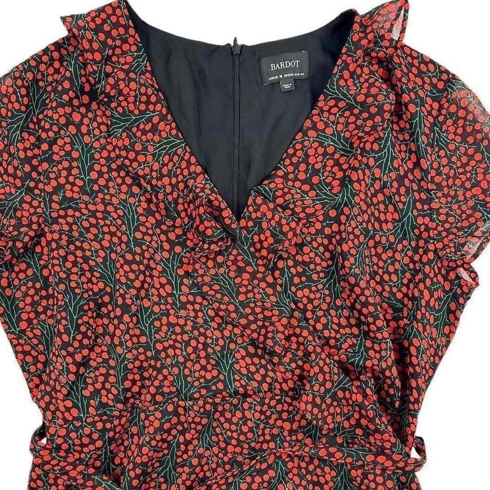 Bardot goth coquette cherry fruit print mini red & black ruffle party dress 12 - Picture 7 of 8